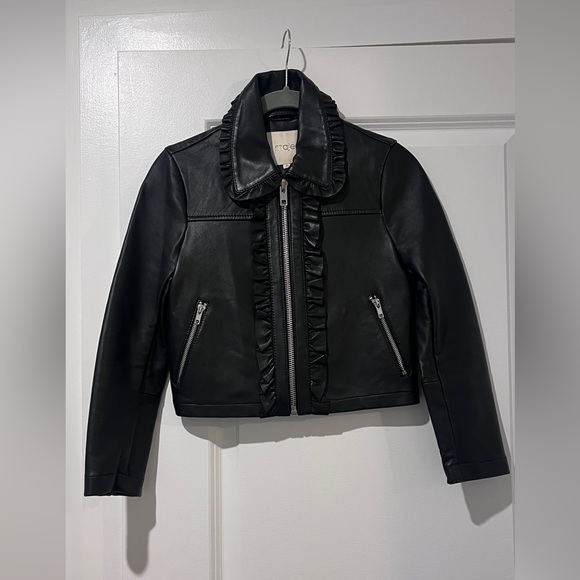 Maje Black Leather Ruffled Jacket - Picture 5 of 11